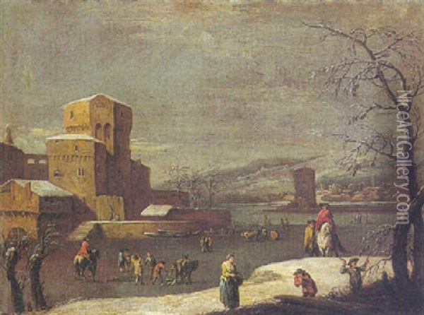 A Winter Landscape With Figures In A Frozen River By A Town Oil Painting - Marco Ricci