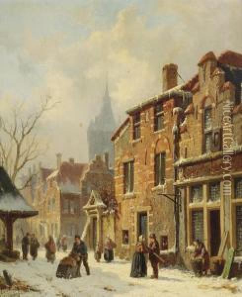 Numerous Townspeople In A Snow-covered Street, Delft Oil Painting - Adrianus Eversen