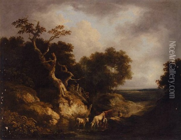 Landscape With Cattle Walking In A Rocky Stream Oil Painting - Benjamin (of Bath) Barker