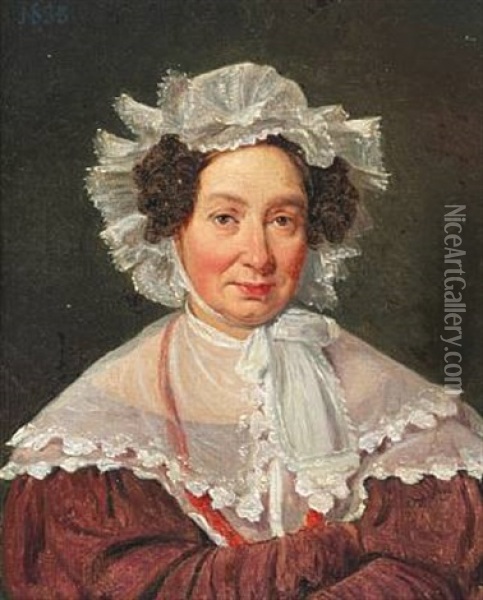 The Painter's Mother Petra Marstrand, Nee Smith, In A Burgundy Dress And A White Bonnet Oil Painting - Wilhelm Nicolai Marstrand