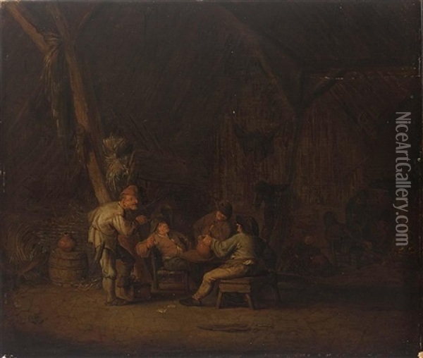 A Barn Interior With Peasants Smoking And Drinking Oil Painting - Adriaen Jansz van Ostade