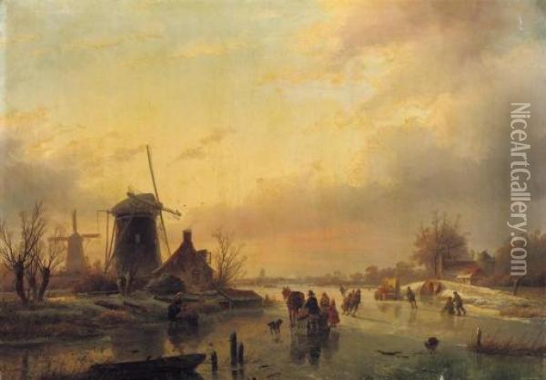Skaters On The Ice With A 'koek And Zopie' Beyond At Sunset Oil Painting - Jan Jacob Coenraad Spohler