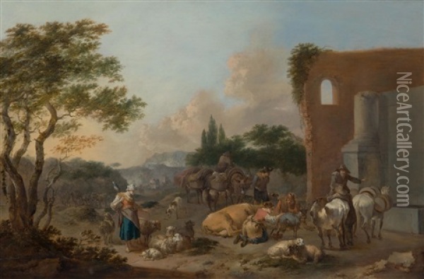 Mediterranean Landscape With Peasants And Their Animals By A Fountain Oil Painting - Nicolaes Petersz Berchem