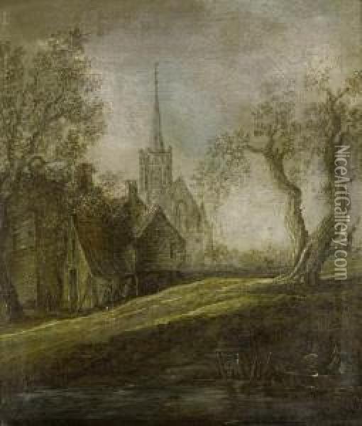 Figures Approaching A Shore On A Barge, A Church On The Horizon Oil Painting - Jan van Goyen