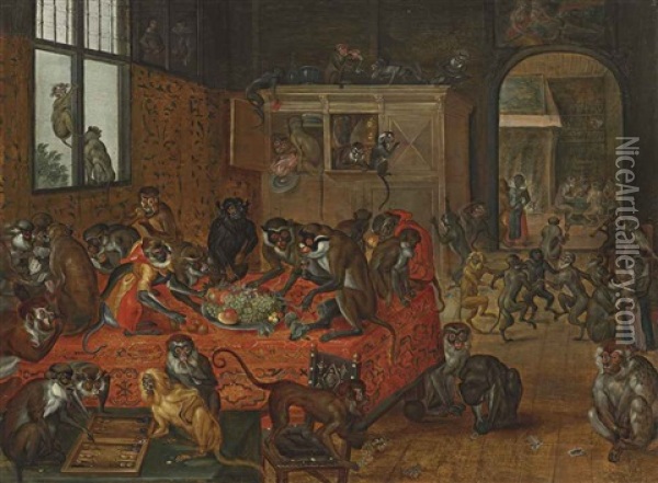 Monkeys Playing Games, Eating And Dancing In An Interior Oil Painting - Jan van Kessel the Elder
