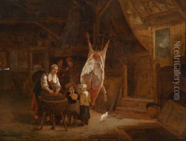 Bauerliches Interieur Mit Einem Geschlachteten Schwein Oil Painting - Gerrit Lundens