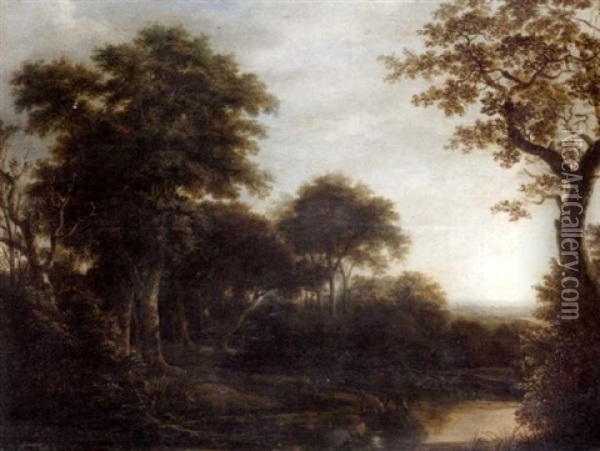 A Huntsman And His Hounds In A Wooded River Landscape Oil Painting - Salomon Rombouts