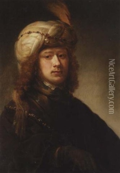 A Portrait Of A Man Wearing A Turban And A Chain Of Office Over A Brown Cloak Oil Painting - Daniel De Koninck
