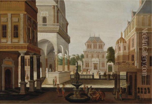 An Elaborate Architectural Capriccio With Numerous Elegant Figures Oil Painting - Nicolaes de Gyselaer
