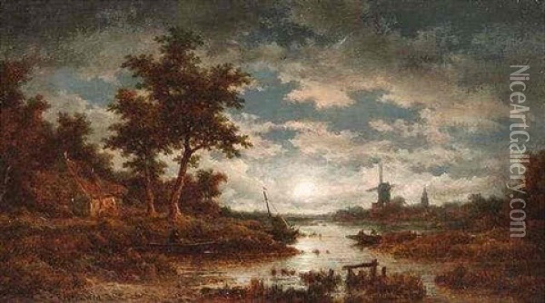 Fluslandschaft Mit Windmuhle Im Abensonnenlicht Oil Painting - Remigius Adrianus van Haanen
