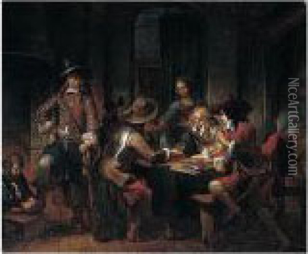 An Interior With Soldiers Playing Tric-trac Around A Table Oil Painting - Gerbrand Van Den Eeckhout