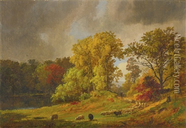 A Shepherd And His Flock Oil Painting - Jasper Francis Cropsey