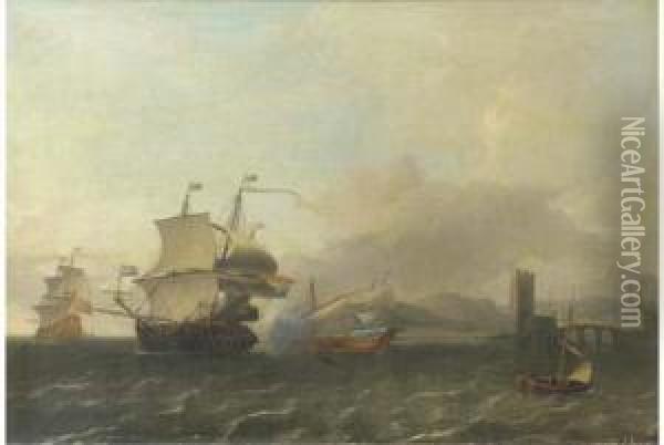 A Naval Engagement Off The Coast Of A Harbour Town Oil Painting - Aernout Smit