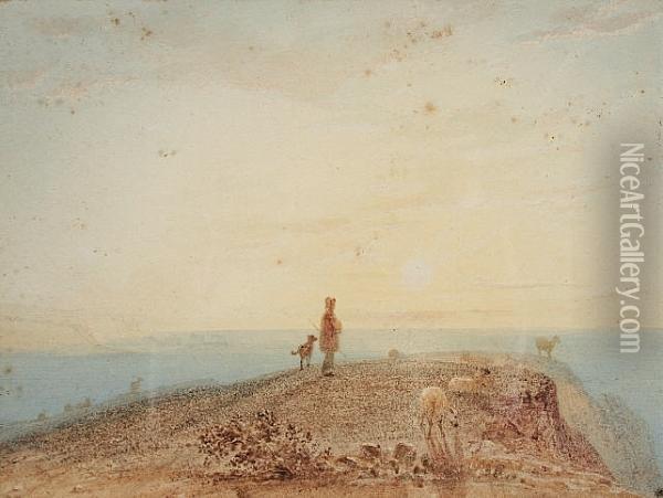 Shepherd Boy, Dog And Flock On A Coastal Headland At Sunset Oil Painting - John Varley