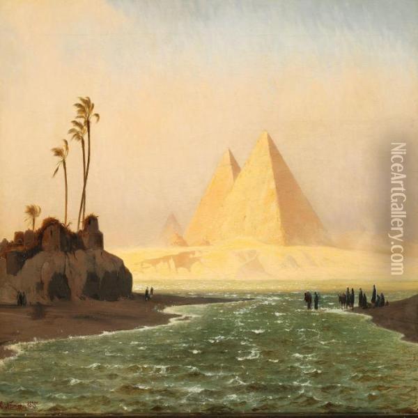 Pyramiderne Ved Gizeh; Orkenvinden Chamsin Blaeser Oil Painting - Carl Johan Neumann