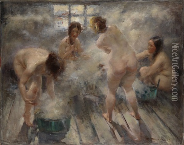 In A Russian Banya Oil Painting - Vitaly Gavrilovich Tikhov