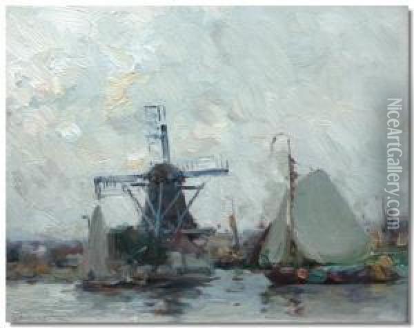 Windmill, Near Dordrecht Oil Painting - Edward Aubrey Hunt