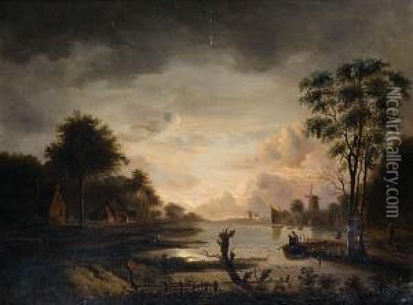 Effet De Lune Au Bord De L'eau Oil Painting - Jacob Johann Verreyt