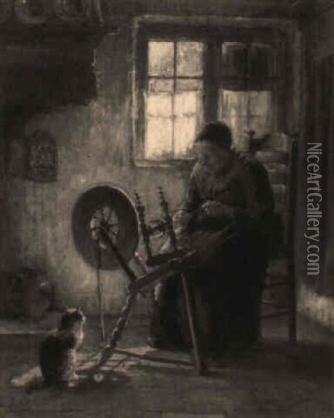 A Peasant Woman At A Spinning Wheel In An Interior Oil Painting - Johannes Jacobus Paling