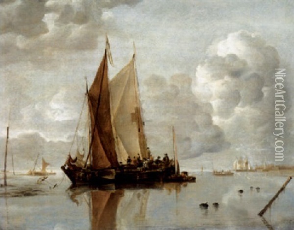 Shipping In Calm Waters Off An Estuary, A Harbor Town In The Distance Oil Painting - Jan Van De Cappelle