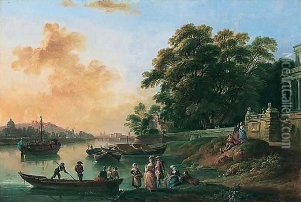 A View, Possibly On The River Seine With The Cathedral Of Notre-dame Beyond, With Elegant Figures At Leisure And A Palace Nearby Oil Painting - Jean-Baptiste Lallemand
