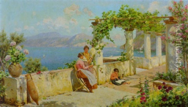 Frauen Und Kind Auf Sonninger Terrasse Uber Der Meereskuste (capri?) Oil Painting - Robert Alott