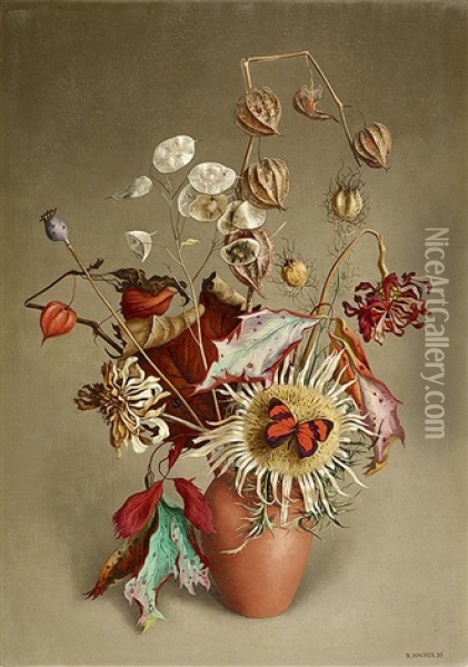 Herbststraus Mit Rotem Schmetterling Oil Painting - Rudolf Wacker