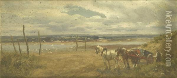 Carthorses On An Estuary Oil Painting - John Rabone Harvey
