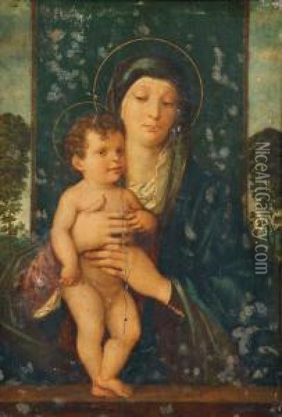 The Madonna And Child Enthroned In A Landscape Oil Painting - Giovanni Bellini