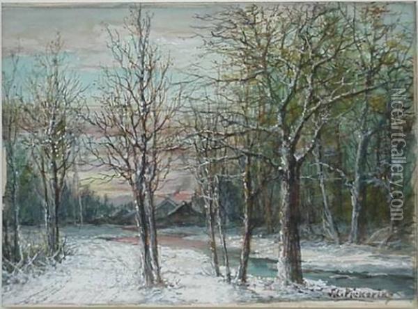 L. Pickering- Sunset In The Woods With Houses Oil Painting - Louis Joseph Leroy