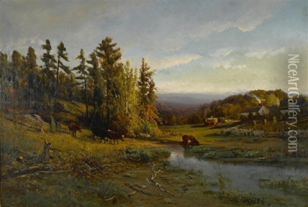 Pastoral Landscape With Cows Heading To Water Oil Painting - William Keith
