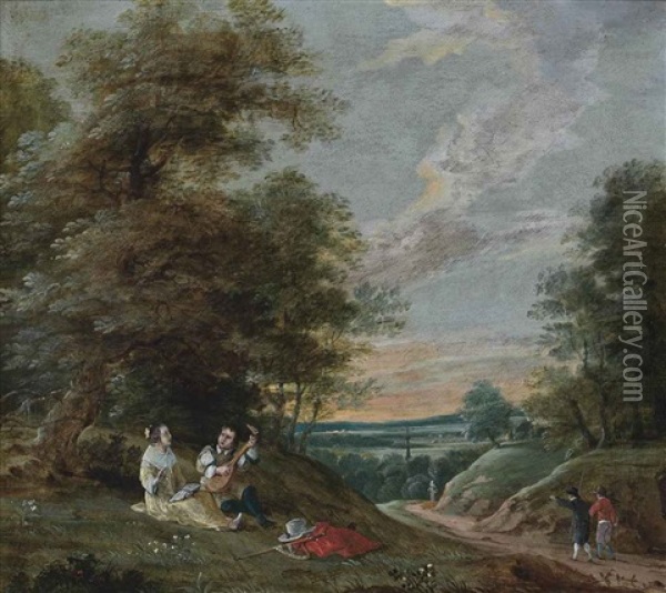 A Wooded Landscape With An Amorous Couple And Travellers On A Track Oil Painting - Gaspar de Witte