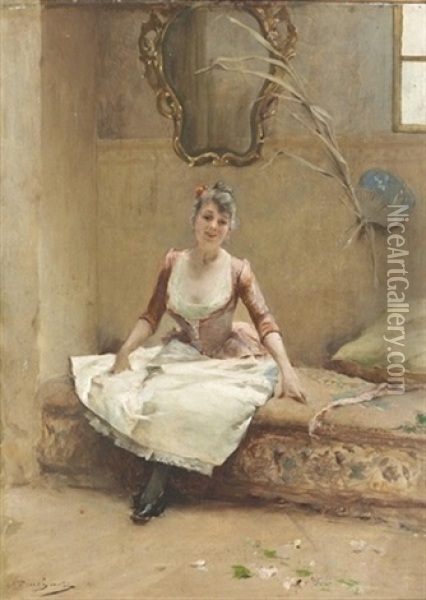 Junge Frau In Einem Rosa-weissen Kleid Oil Painting - Emile Auguste Pinchart
