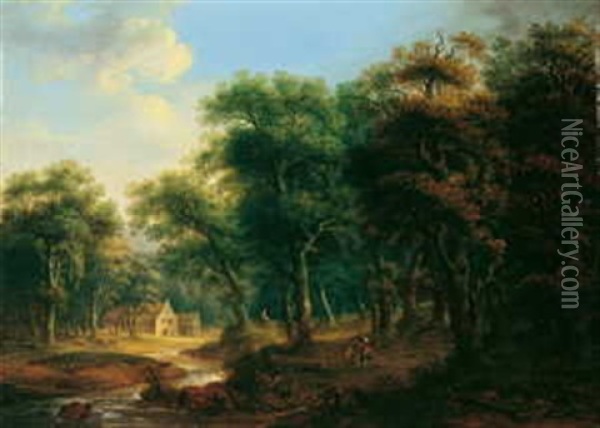Waldlandschaft Mit Bachlauf Und Wanderern Oil Painting - Jakob Manskirch