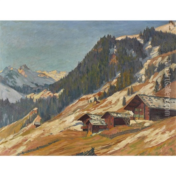 Vorfruhling In Adelboden (blick Gegen Hahnenmoos) Oil Painting - Carl Friedrich Felber