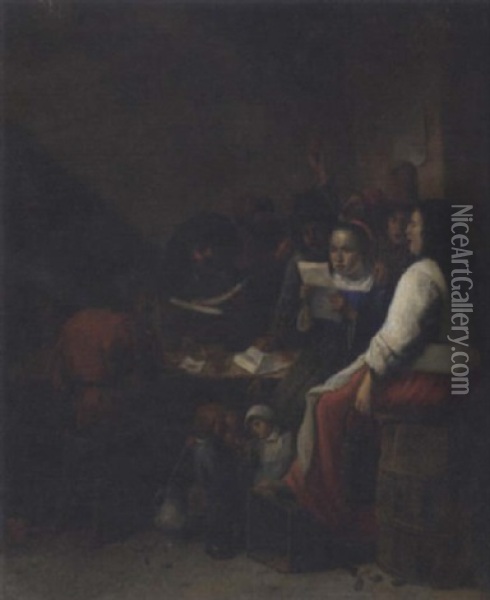 A Peasant Woman Reading A Letter In An Interior Accompanied By Carousing Boors Oil Painting - David Ryckaert III