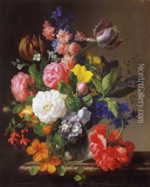 Bunter Blumenstrauss In Einer Glasvase Oil Painting - Josef Lauer