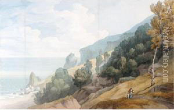 Babbacombe, Devon, With A Woman 
And Child On A Road Above The Cliffs, A Cottage Amongst Trees Oil Painting - John White Abbott