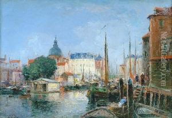 Barges On A Dutch Canal Oil Painting - Gaston-Marie-Anatole Roullet