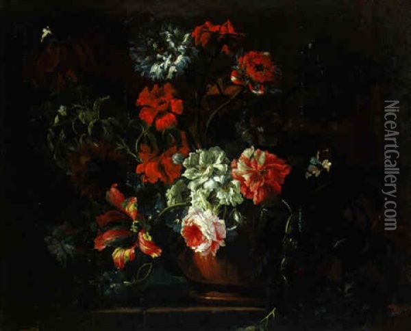 Composition Dans Un Vase Sur Un Entablement De Pierre Oil Painting - Jean-Baptiste Monnoyer
