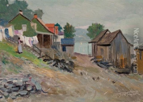 Hanging Laudry, West Coast Village Oil Painting - Frederic Marlett Bell-Smith
