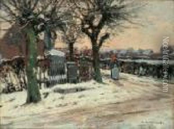 Winterliche Strassenszene. Oil Painting - Heinrich Hermanns