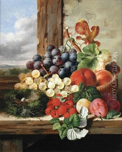 A Still Life Of A Bird's Nest, Grapes, Raspberries And Peaches On A Ledge Oil Painting - Edward Ladell