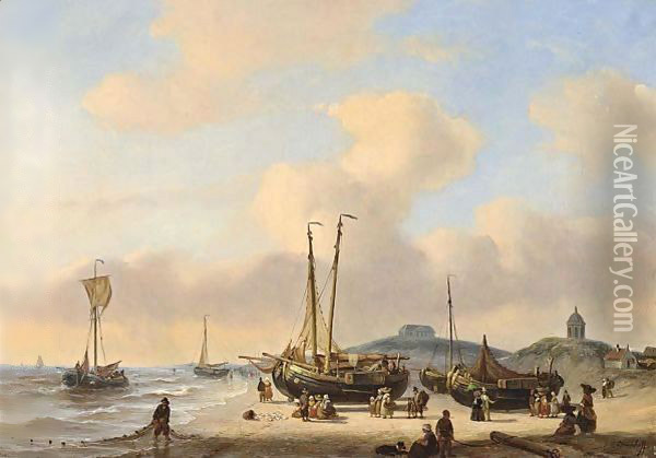Fisherfolk On The Beach Near Seinpost Duin, The Hague Oil Painting - George Willem Opdenhoff