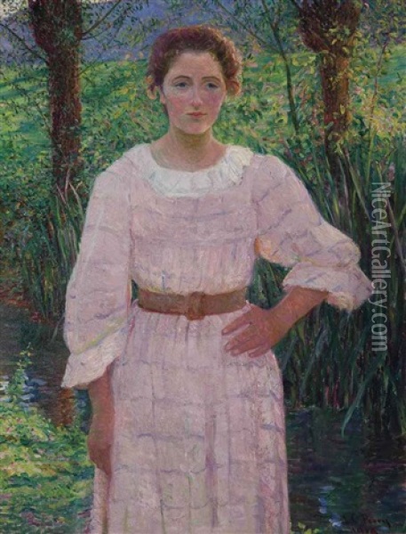 By The Brook, Giverny, France (woman In Pink Dress) Oil Painting - Lilla Cabot Perry