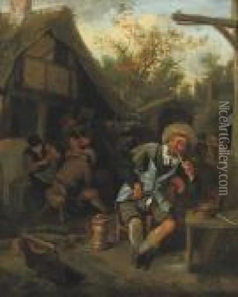 Peasants Smoking And Drinking Outside An Inn Oil Painting - Cornelis Dusart