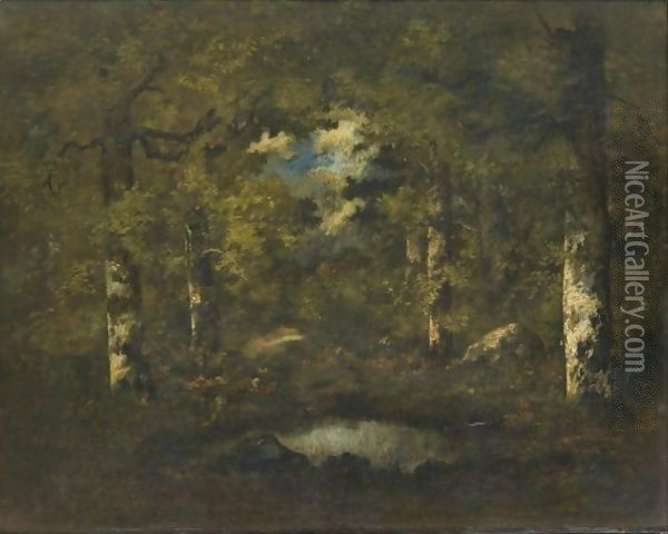 Birch Trees, Boulders And A Pond Fontainebleau Forest Oil Painting - Narcisse-Virgile D Az De La Pena