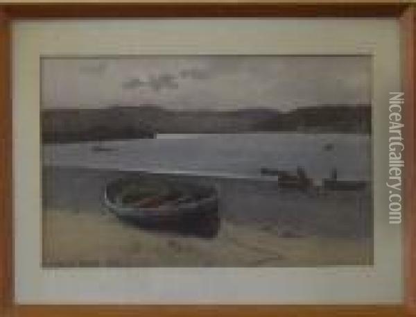 Boat On A Shore, Harbour And Hills In The Distance Oil Painting - Carleton Grant