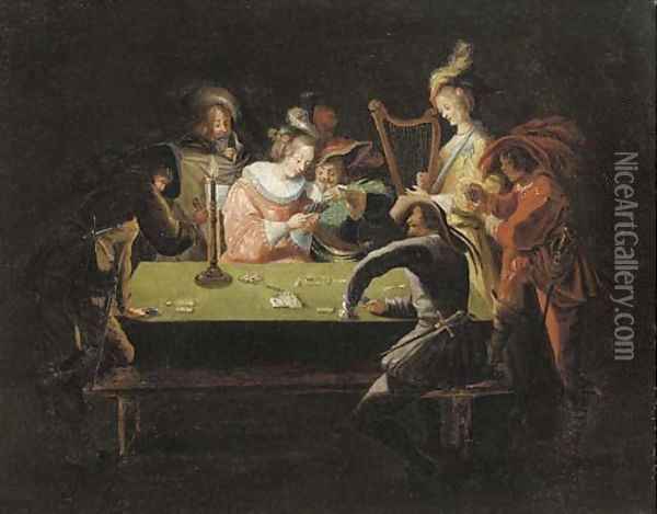 Elegant company gambling in an interior Oil Painting - Jean Achille Leclerc