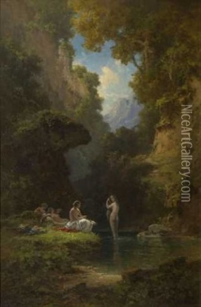 Badende Am Waldteich Oil Painting - Willy Moralt